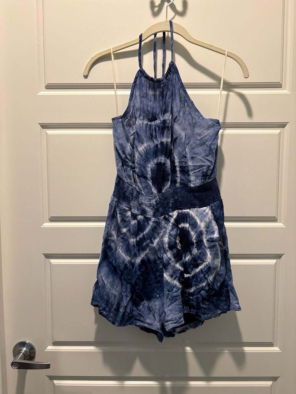 Onetheland Women's Blue Tie-Dye Halter Romper with Smocked Waist